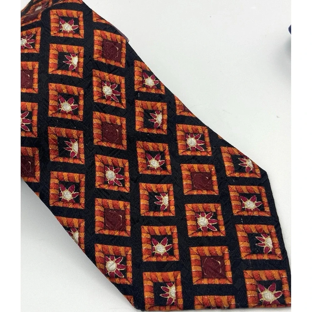 Ermenegildo Zegna Black Orange Dk Red Tie‎ 100% Silk Italy